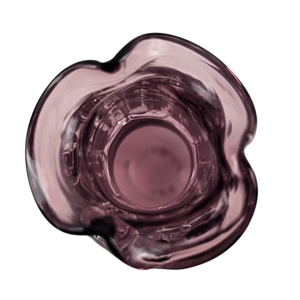 Vtg Pilgrim Glass Amethyst Hand Blown Glass Vase Ruffled Rim Clear Rigaree Wrap